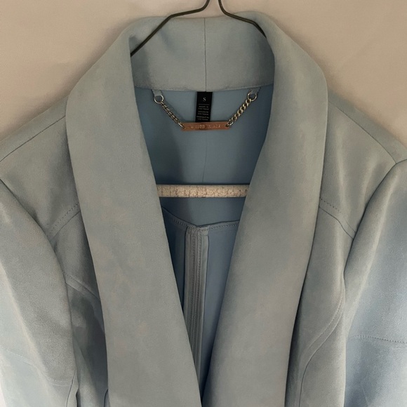 White House Black Market Faux-Suede Drape Front Jacket, Baby Blue, Smal - Picture 5 of 10